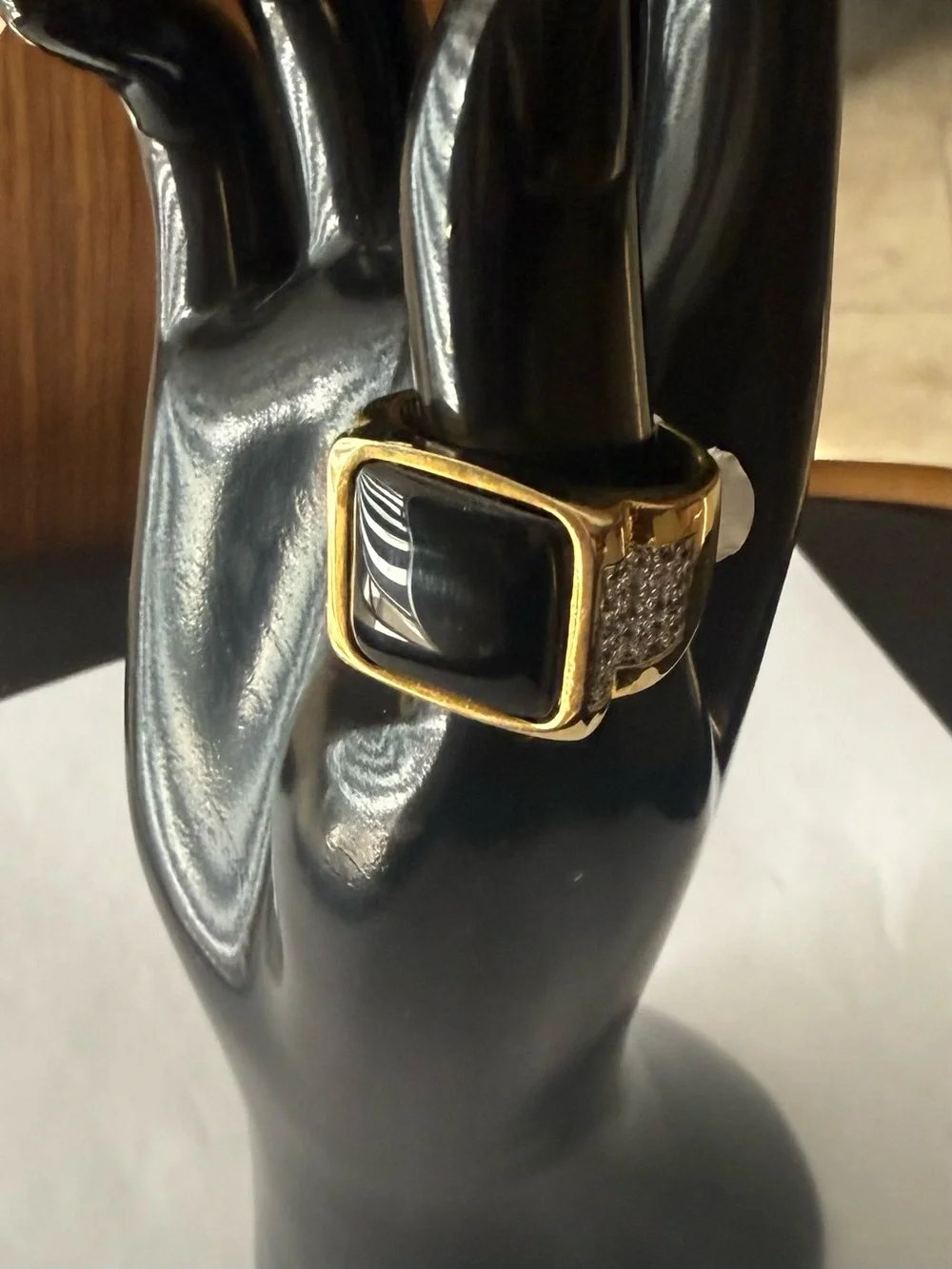 Gold Tone Size 9 Men's Black Onyx Square Seta Signed Ring